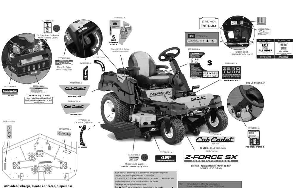 Label Map Diagram and Parts List for Z-FORCESX48KW (17RIDGJB010)(2018) Cub Cadet Lawn Tractor